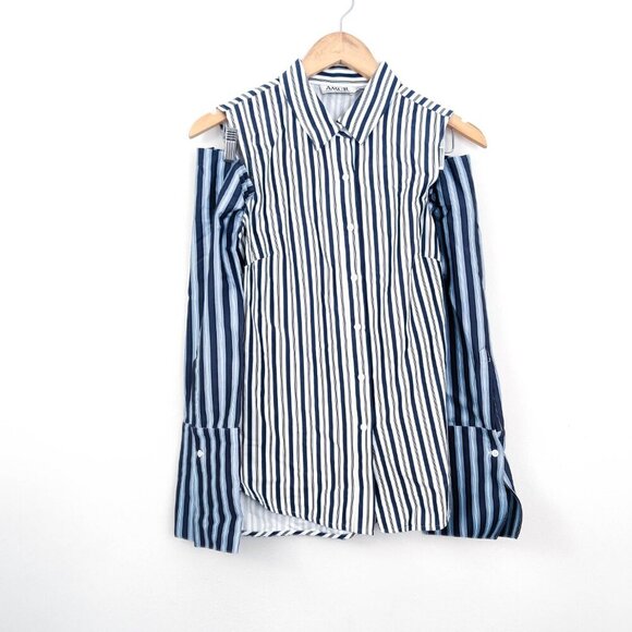 Amur Jane Button Down Blouse in Striped White Navy Small - Picture 2 of 7